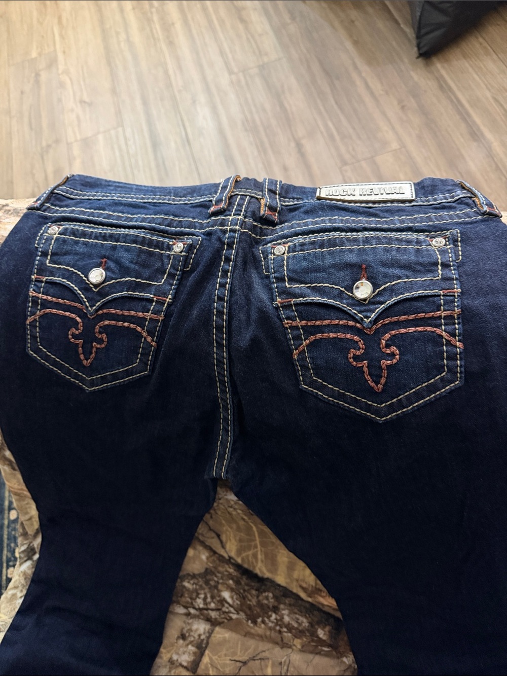 Rock Revival Dark Blue Boot Cut Jeans with Embroidered Back Pockets